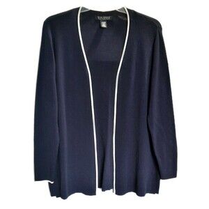 Dialogue Women Navy Blue White Trim Crepe Knit Open Front Lightweight Cardigan L